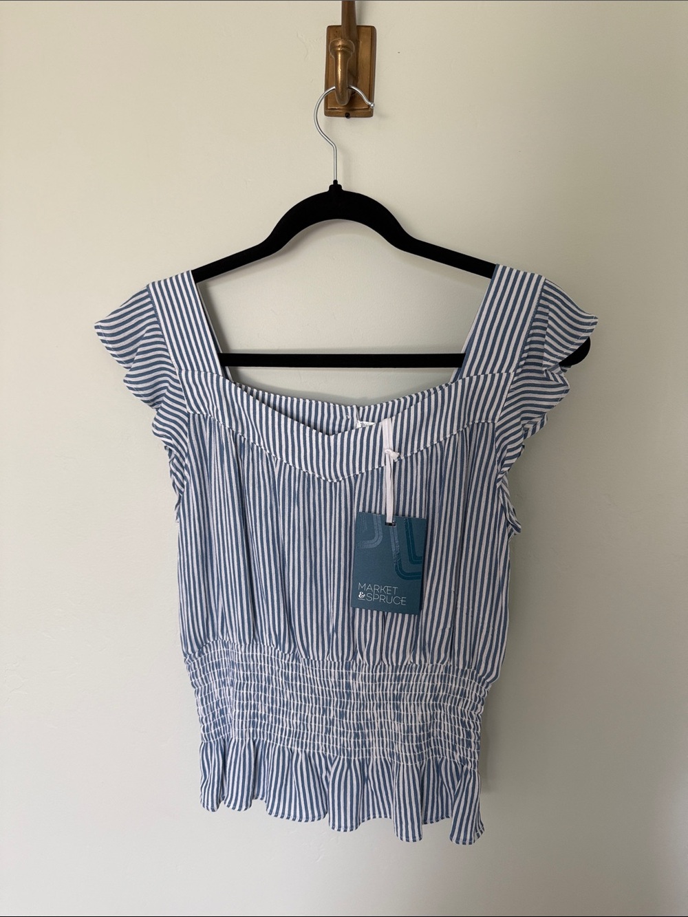 Market & Spruce Blue and White Striped Square-Neck Ruffle Top